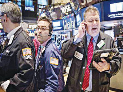 Stockbrokers on floor of New York Exchange
